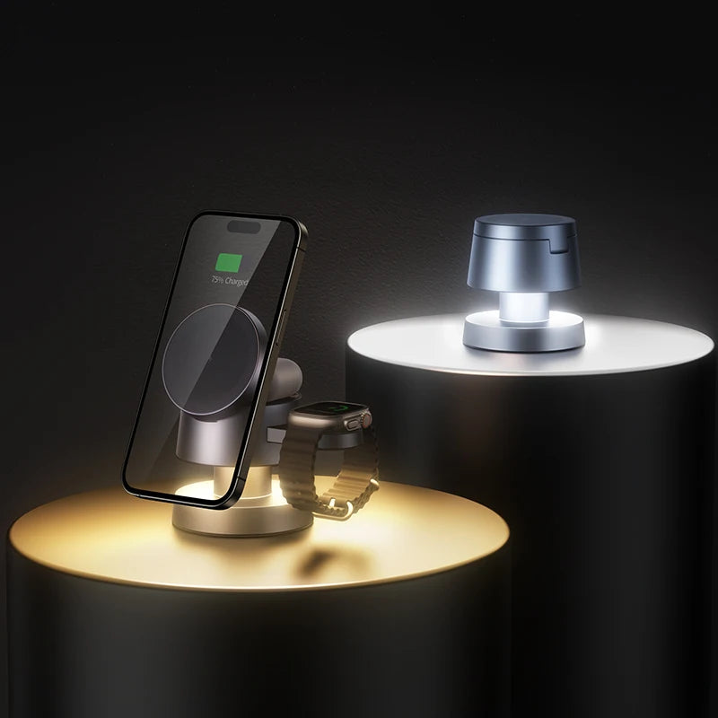 Kabellose Ladestation und Pilzlampe in einem Gerät für Mobiltelefone, Kopfhörer, Smartwatch